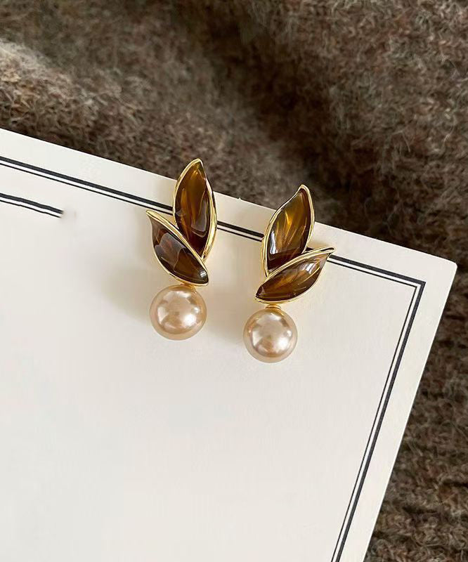 Chic Coffee Sterling Silver Alloy Pearl Leaf Stud Earrings EY020 ABC