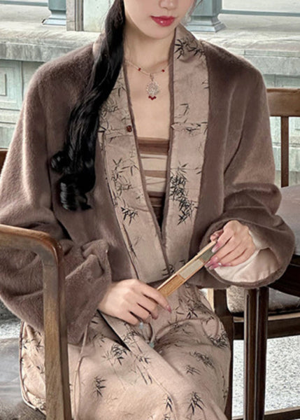 Chic Coffee V Neck Print Patchwork Leather And Fur Coat Winter AG1043 OM-ZS240913