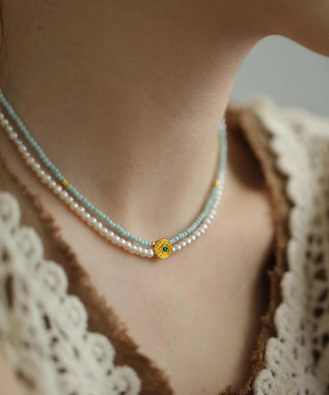 Chic Colorblock Alloy Turquoise Pearl Double Layer Beading Gratuated Bead Necklace WO001 JEW-NLC241109