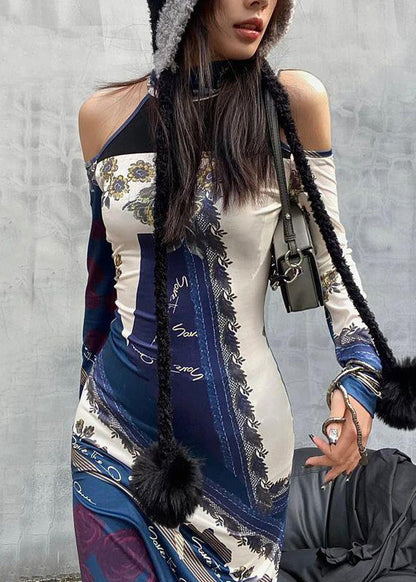 Chic Colorblock Cold Shoulder Print Cotton Dress Long Sleeve KK040 SH-LF-FDL240602