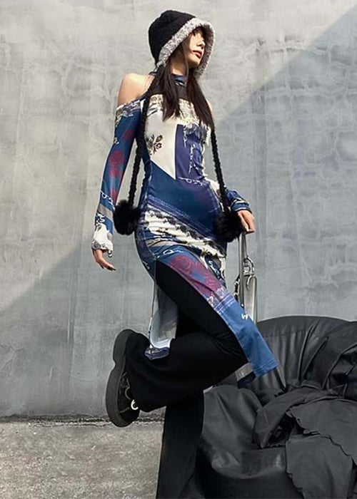 Chic Colorblock Cold Shoulder Print Cotton Dress Long Sleeve KK040 SH-LF-FDL240602