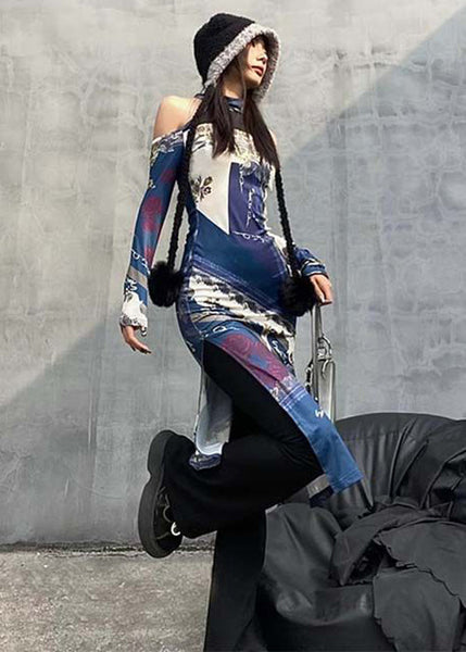 Chic Colorblock Cold Shoulder Print Cotton Dress Long Sleeve KK040 SH-LF-FDL240602