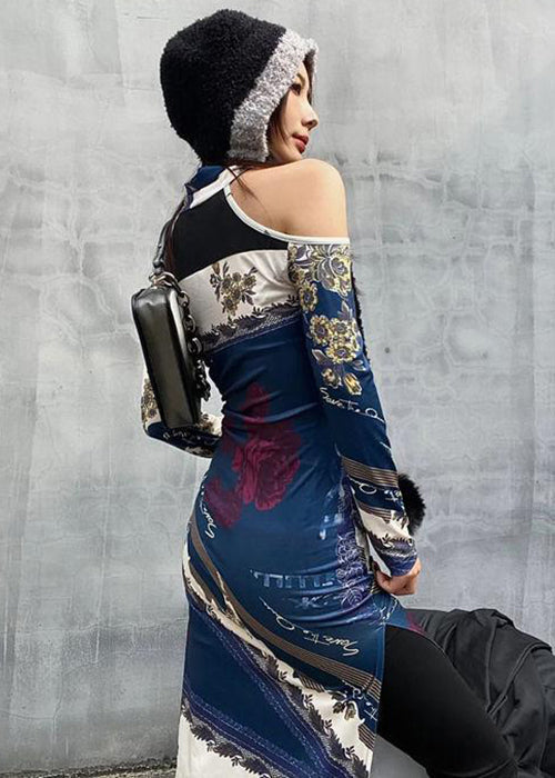 Chic Colorblock Cold Shoulder Print Cotton Dress Long Sleeve KK040 SH-LF-FDL240602