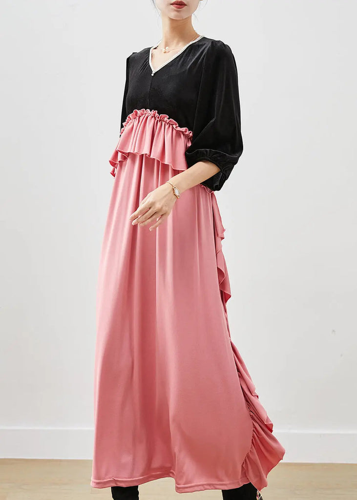 Chic Colorblock Ruffled Patchwork Silk Velour Long Dress Fall Ada Fashion