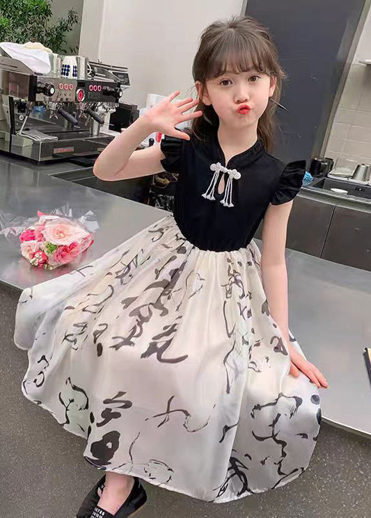 Chic Colorblock Stand Collar Print Kids Maxi Dress Short Sleeve MN005 MM-RCTZ-SDL240701