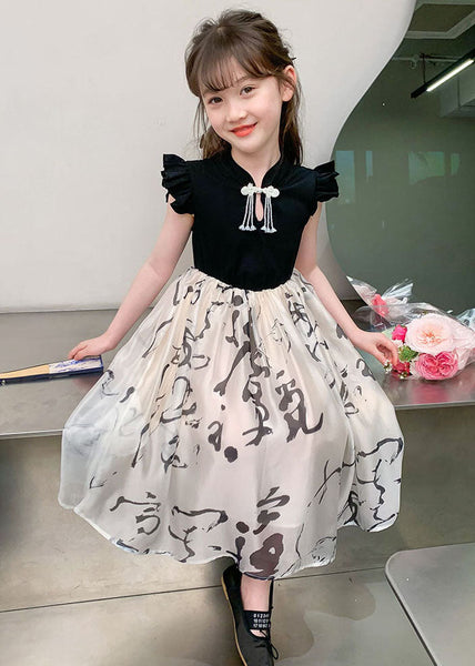 Chic Colorblock Stand Collar Print Kids Maxi Dress Short Sleeve MN005 MM-RCTZ-SDL240701