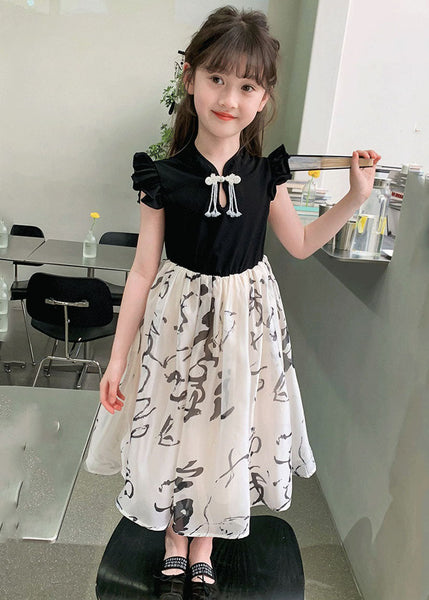 Chic Colorblock Stand Collar Print Kids Maxi Dress Short Sleeve MN005 MM-RCTZ-SDL240701