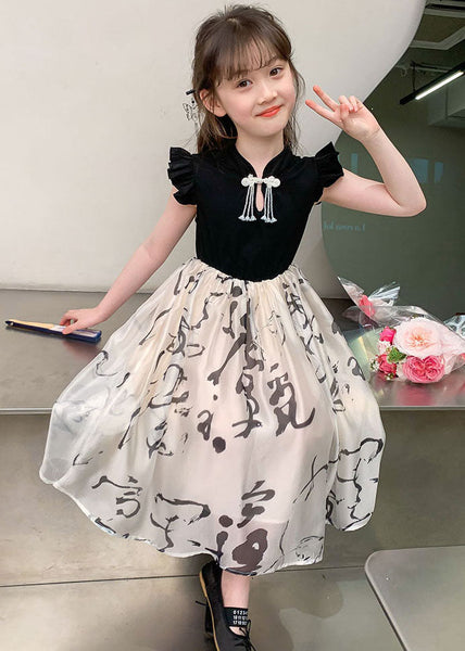 Chic Colorblock Stand Collar Print Kids Maxi Dress Short Sleeve MN005 MM-RCTZ-SDL240701