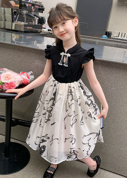 Chic Colorblock Stand Collar Print Kids Maxi Dress Short Sleeve MN005 MM-RCTZ-SDL240701