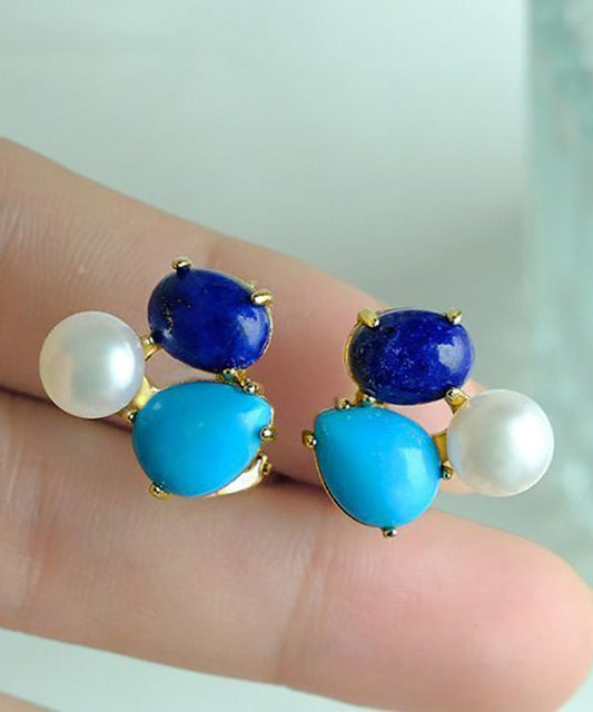 Chic Colorblock Sterling Silver Overgild Turquoise Pearl Stud Earrings YD017 ABC