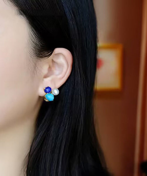 Chic Colorblock Sterling Silver Overgild Turquoise Pearl Stud Earrings YD017 ABC