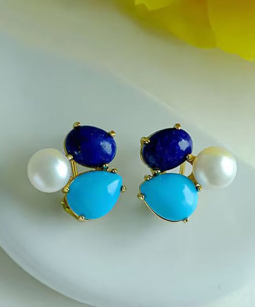 Chic Colorblock Sterling Silver Overgild Turquoise Pearl Stud Earrings YD017 ABC