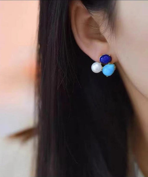 Chic Colorblock Sterling Silver Overgild Turquoise Pearl Stud Earrings YD017 ABC