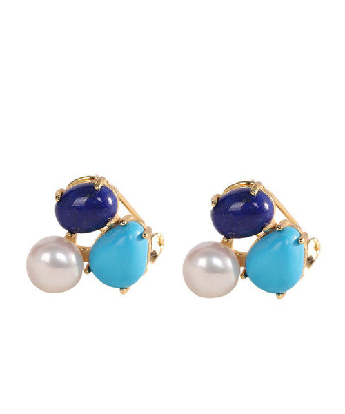 Chic Colorblock Sterling Silver Overgild Turquoise Pearl Stud Earrings YD017 ABC