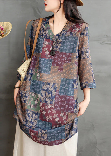 Chic Colorblock V Neck Print Linen Mini Dress Summer TM022 ABC