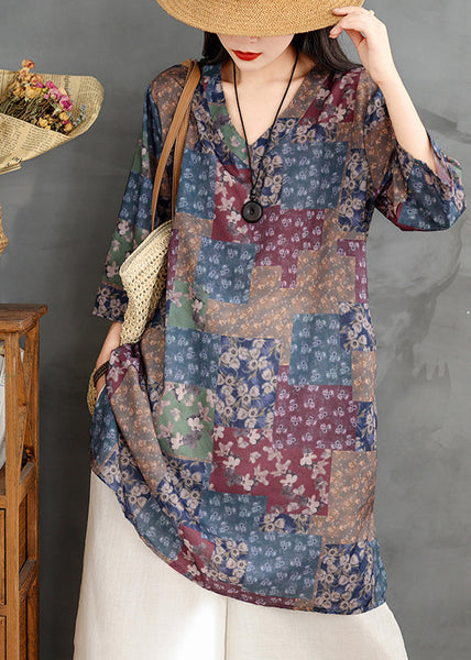 Chic Colorblock V Neck Print Linen Mini Dress Summer TM022 ABC