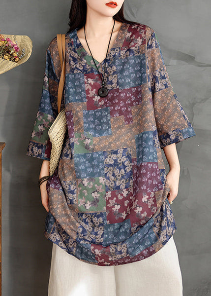 Chic Colorblock V Neck Print Linen Mini Dress Summer TM022 ABC