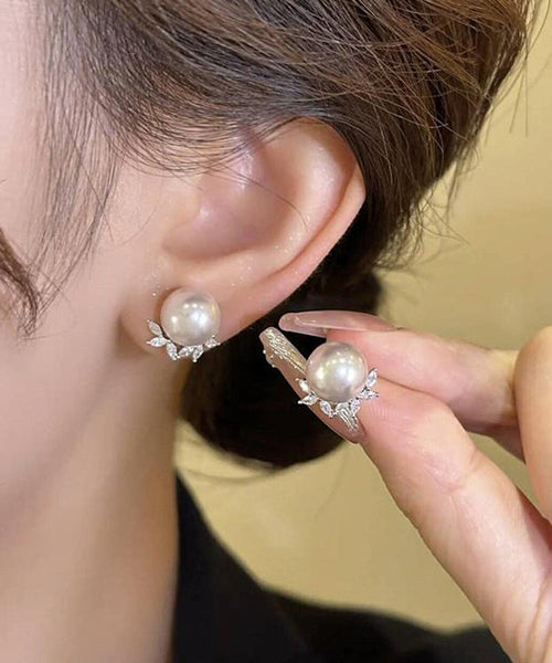 Leaf Earrings Chic Copper Zircon Pearl Stud FashionChic