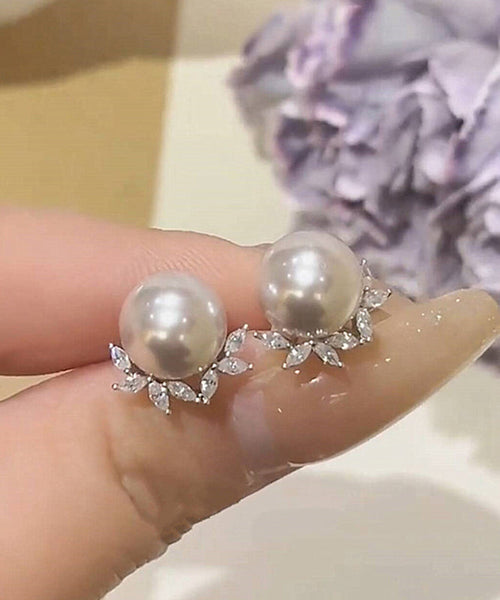 Leaf Earrings Chic Copper Zircon Pearl Stud FashionChic