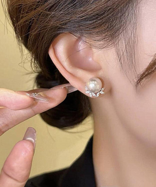 Leaf Earrings Chic Copper Zircon Pearl Stud FashionChic