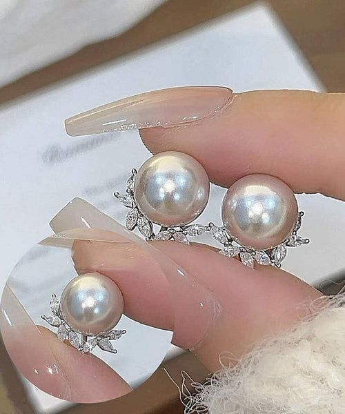 Leaf Earrings Chic Copper Zircon Pearl Stud FashionChic