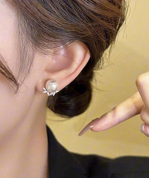 Leaf Earrings Chic Copper Zircon Pearl Stud FashionChic