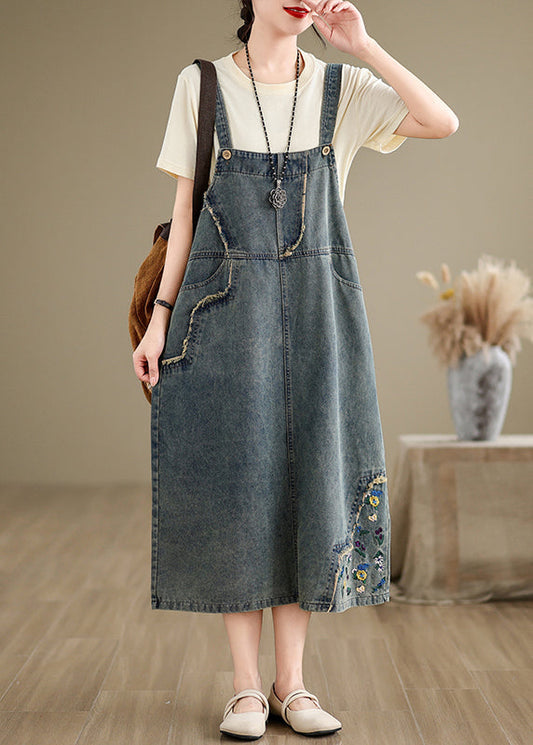 Chic Denim Grey Embroidered Patchwork Spaghetti Strap Dress Sleeveless AP064 GK-SDL240718