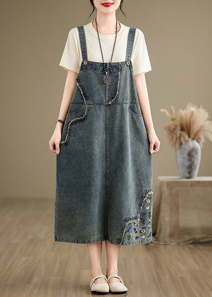 Chic Denim Grey Embroidered Patchwork Spaghetti Strap Dress Sleeveless AP064 GK-SDL240718