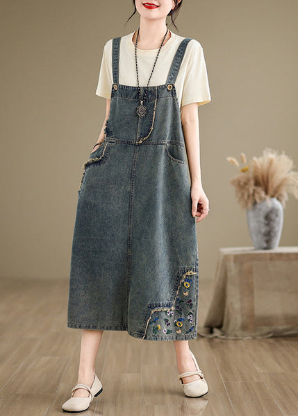 Chic Denim Grey Embroidered Patchwork Spaghetti Strap Dress Sleeveless AP064 GK-SDL240718