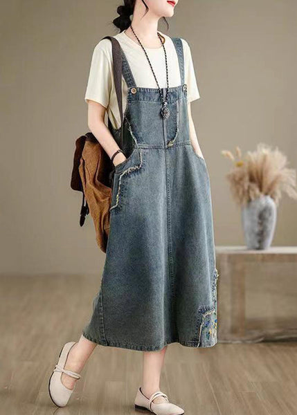 Chic Denim Grey Embroidered Patchwork Spaghetti Strap Dress Sleeveless AP064 GK-SDL240718