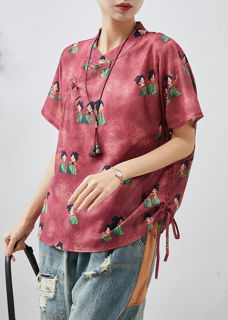 Chic Dull Red Print Chinese Button Silk Shirt Summer AP1065 AM-STP240904