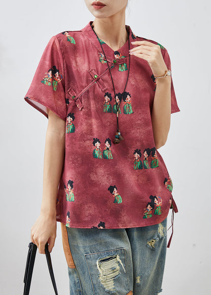 Chic Dull Red Print Chinese Button Silk Shirt Summer AP1065 AM-STP240904