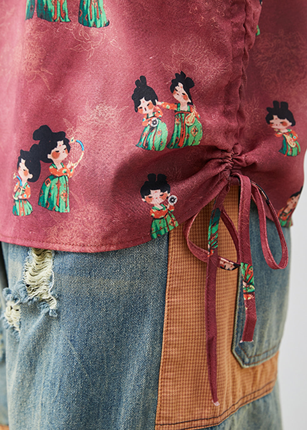 Chic Dull Red Print Chinese Button Silk Shirt Summer AP1065 AM-STP240904