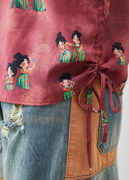 Chic Dull Red Print Chinese Button Silk Shirt Summer AP1065 AM-STP240904