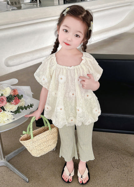 Chic Embroideried Floral Kids Shirt And Flared Trousers Two Piece Set Short Sleeve SS1024 MM-RCTZ-TPGIEC240601