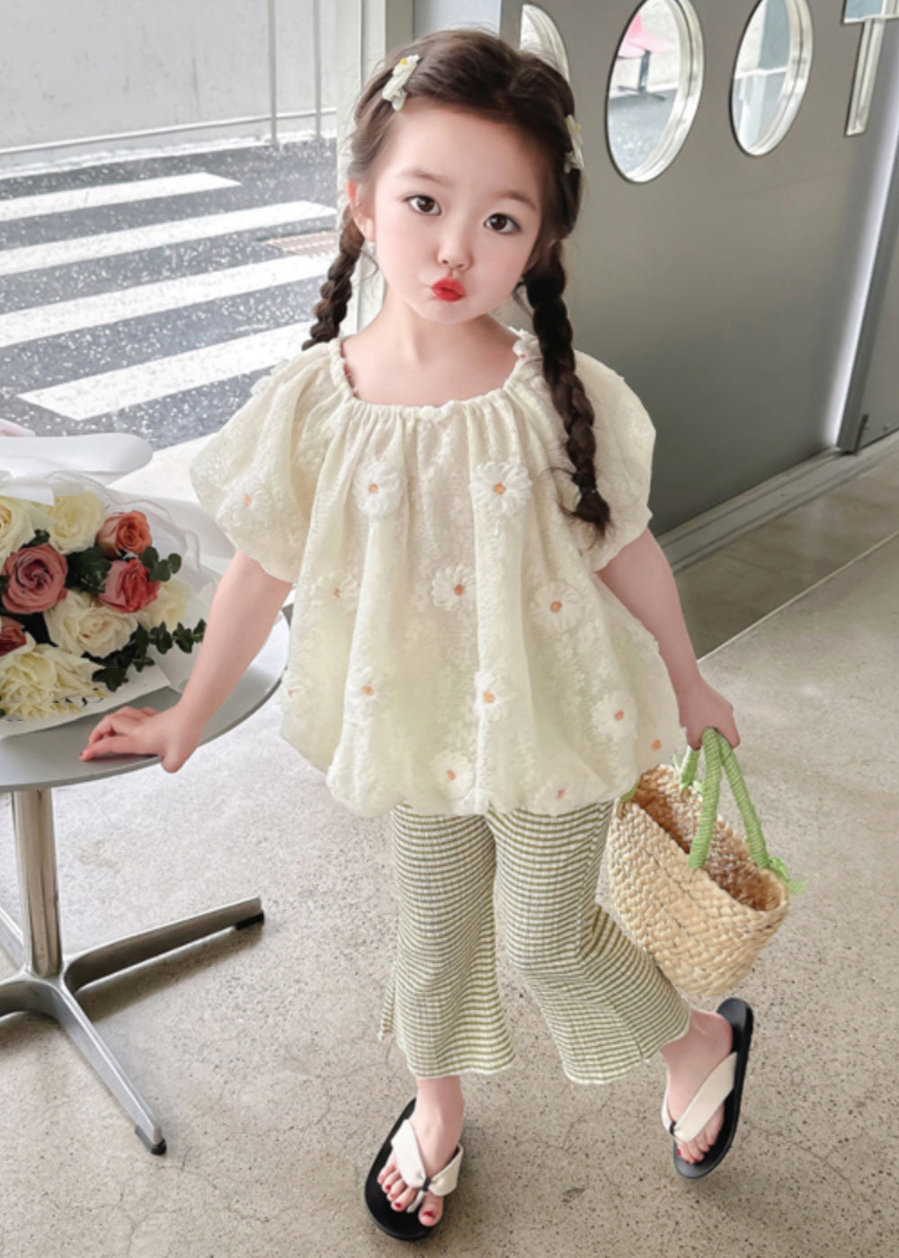 Chic Embroideried Floral Kids Shirt And Flared Trousers Two Piece Set Short Sleeve SS1024 MM-RCTZ-TPGIEC240601