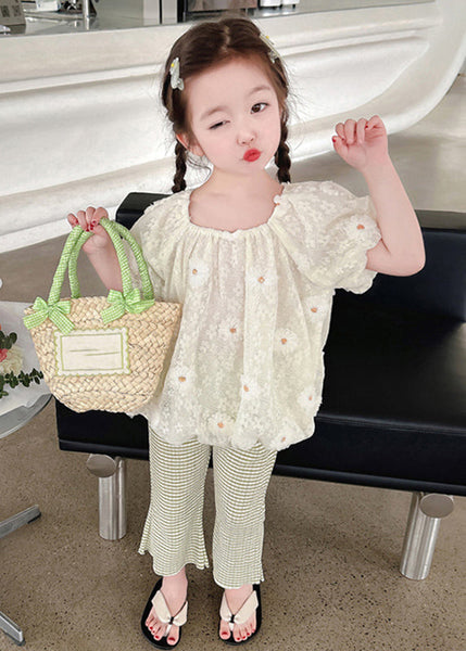 Chic Embroideried Floral Kids Shirt And Flared Trousers Two Piece Set Short Sleeve SS1024 MM-RCTZ-TPGIEC240601