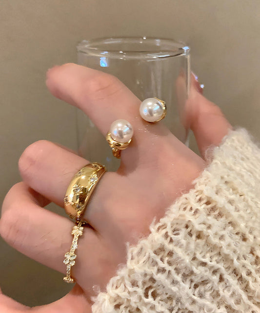 Chic Gold Alloy Zircon Pearl Star Floral Rings Three Piece Set GH1047 Ada Fashion