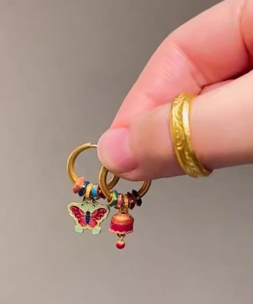 Chic Gold Ancient Gold Asymmetric Butterfly Bell Ename Drop Earrings YI023 ABC