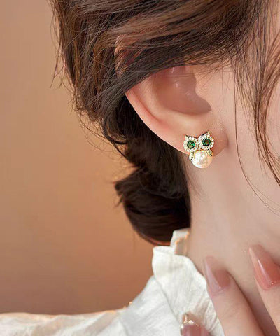 Owl Earrings Alloy Gold Chic Pearl Stud Copper Zircon FashionChic
