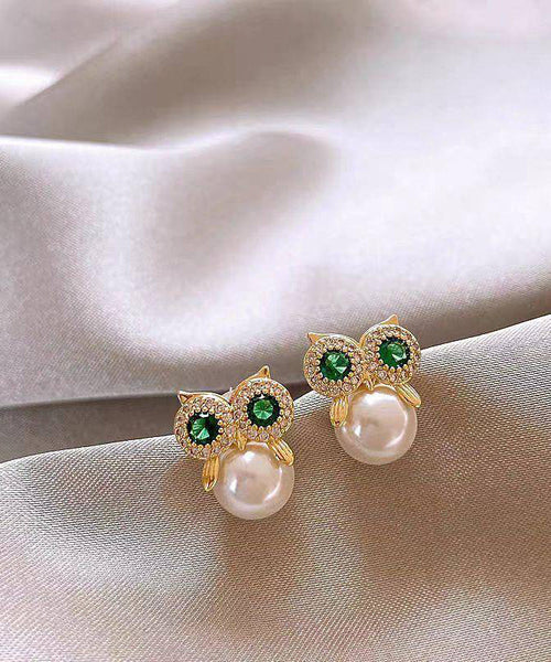 Owl Earrings Alloy Gold Chic Pearl Stud Copper Zircon FashionChic