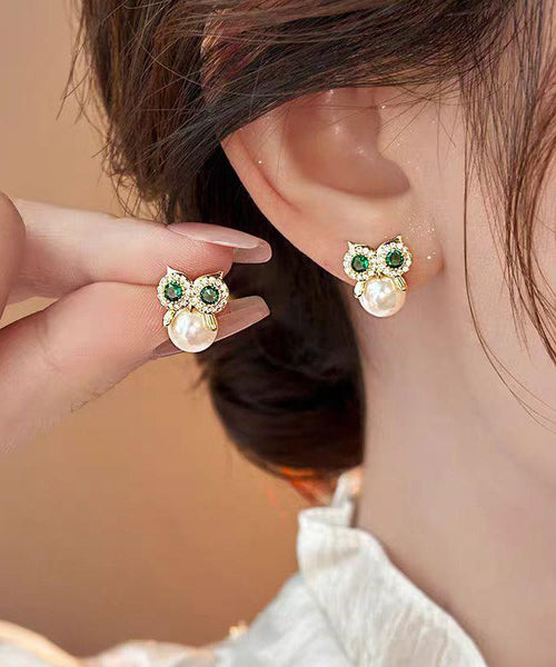 Owl Earrings Alloy Gold Chic Pearl Stud Copper Zircon FashionChic