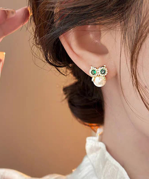 Owl Earrings Alloy Gold Chic Pearl Stud Copper Zircon FashionChic