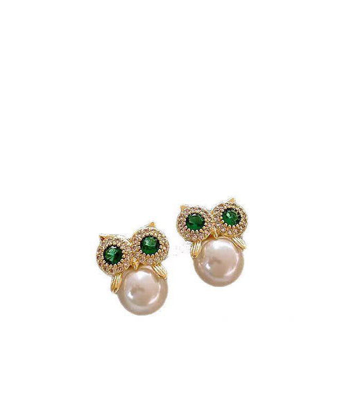 Owl Earrings Alloy Gold Chic Pearl Stud Copper Zircon FashionChic