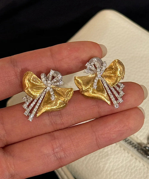 Chic Gold Copper Zircon Asymmetrical Bow Stud Earrings YD002 ABC