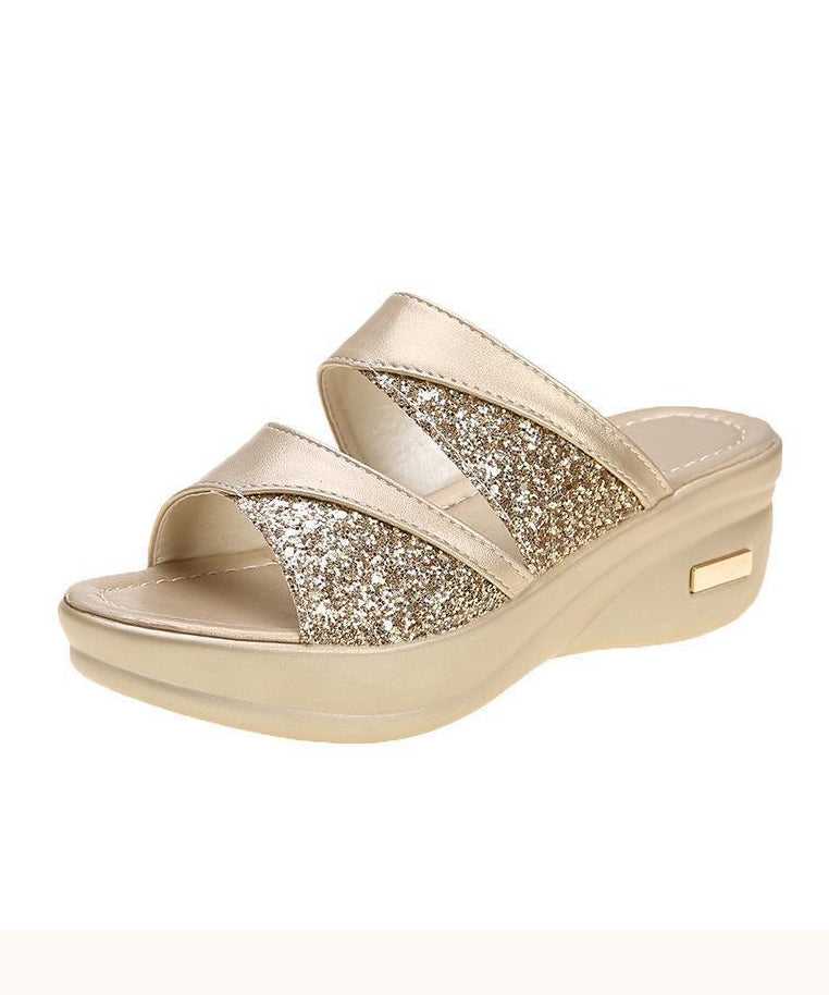 Chic Gold Sequins Wedge Heels Slide Sandals Peep Toe UU012 OM-XZ240821