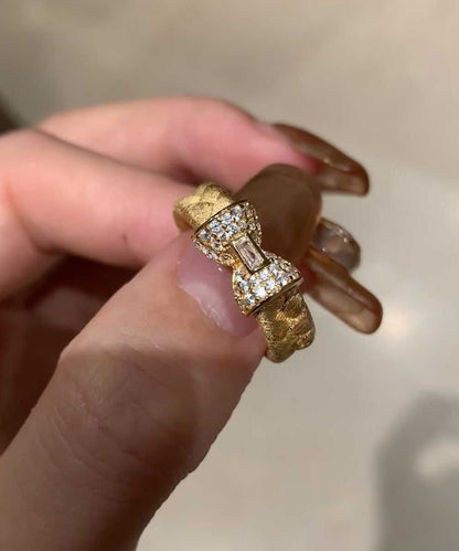 Chic Gold Sterling Silver Overgild Inlaid Zircon Weave Bow Rings QI057 JEW-RIN240928