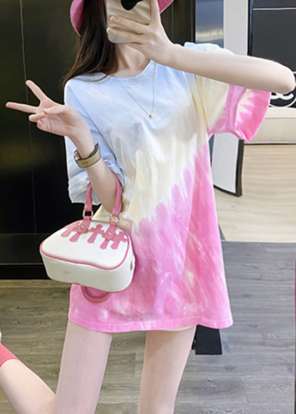 Summer Cotton Shirts Color Tie T Dye Chic Gradient Neck O FashionChic
