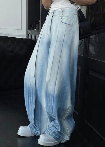 Waist Gradient Denim Leg Pockets Men Color High Wide Chic Pants FashionChic