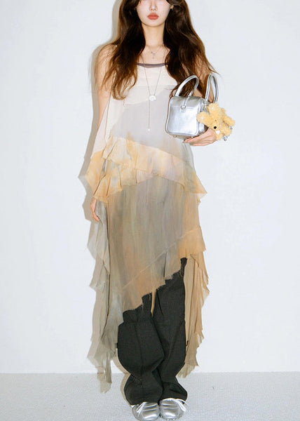 Chic Gradient Color Ruffled Low High Design Cotton Dress Sleeveless KK069 SH-LF-SDL240602